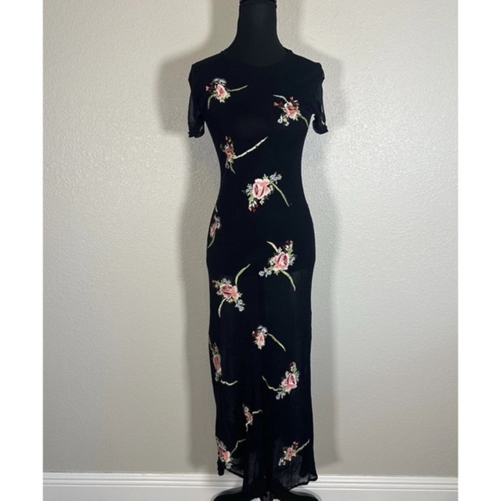 Vtg‎ 90s Cache Dress Black Knit Sheer XS Embroidered Floral Bodycon Whimsigoth